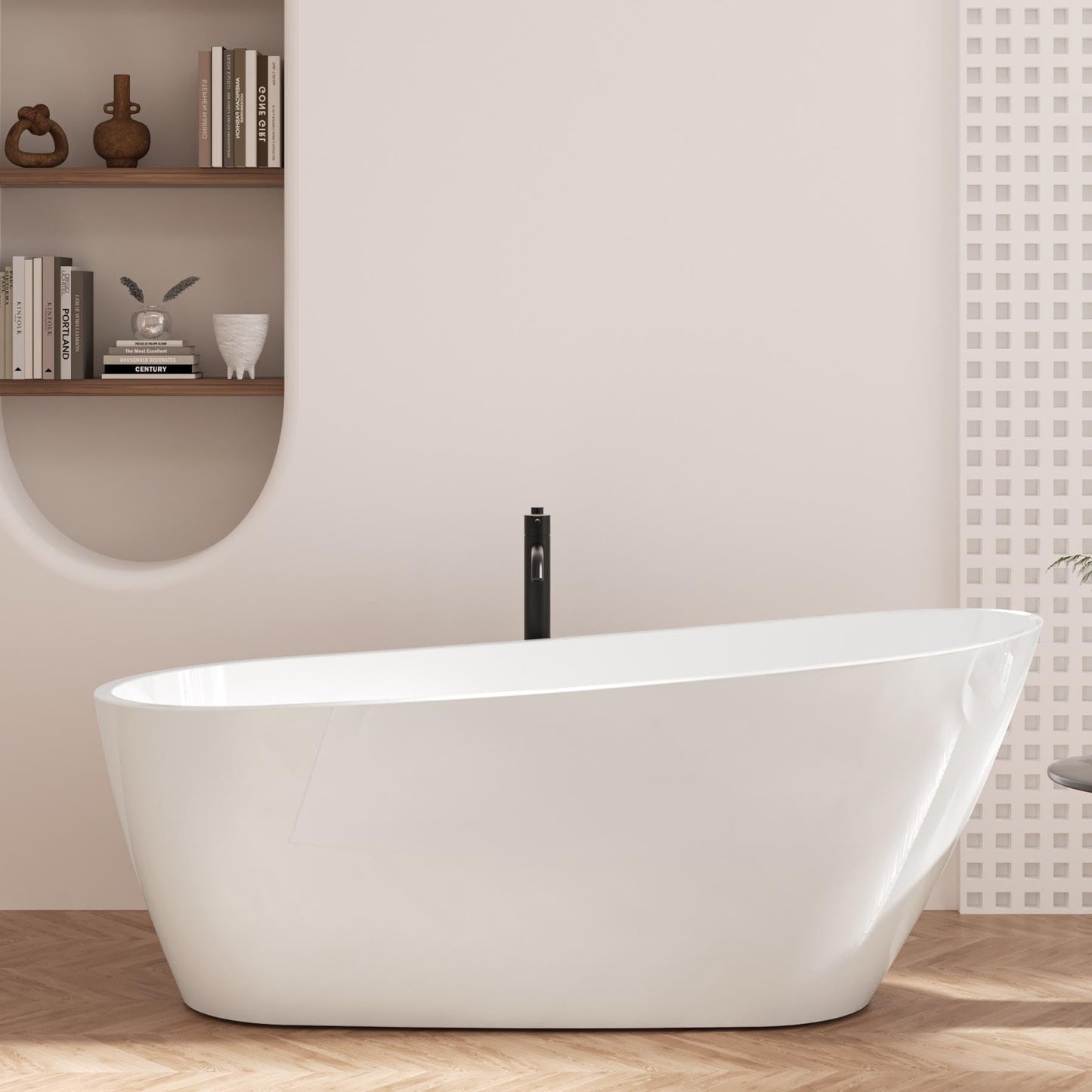FerdY Lana'i 60" Freestanding Bathtub, Gracefully Shaped Freestanding Soaking tub, Glossy White, cUPC Certified, Brushed Nickel Drain & Overflow Assembly Included-02125