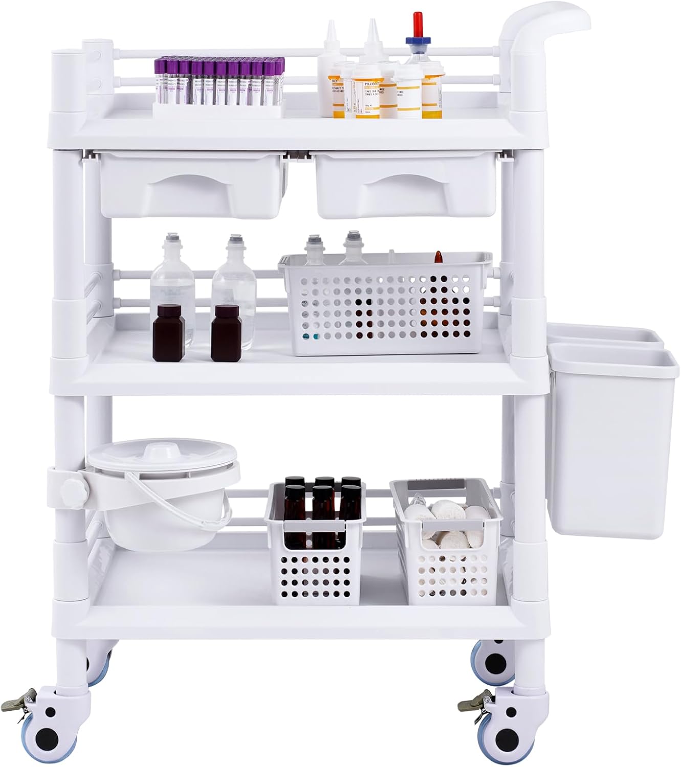 VEVOR Medical Mobile Trolley Cart with 2 Drawers & 3 Trash Cans, 3 Tiers Beauty Salon Rolling Trolley with 4 Silent Wheels & 2 Dirts Bucket & Bowl, Medical Utility Cart for Hospital Dental Clinic Lab