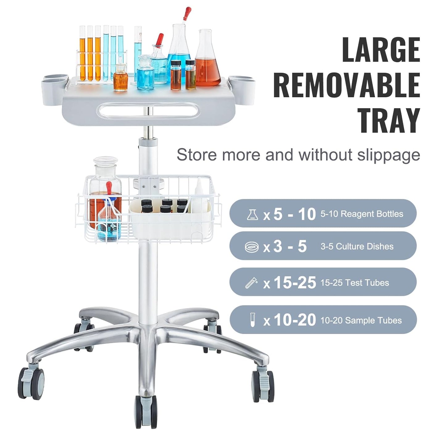 VEVOR Medical Mobile Trolley With Wheels 29.5"-41.3" Height Adjustable Stainless Steel Dental Cart Rolling Desktop Lab With 16.5" 15.7" Large Tabletop