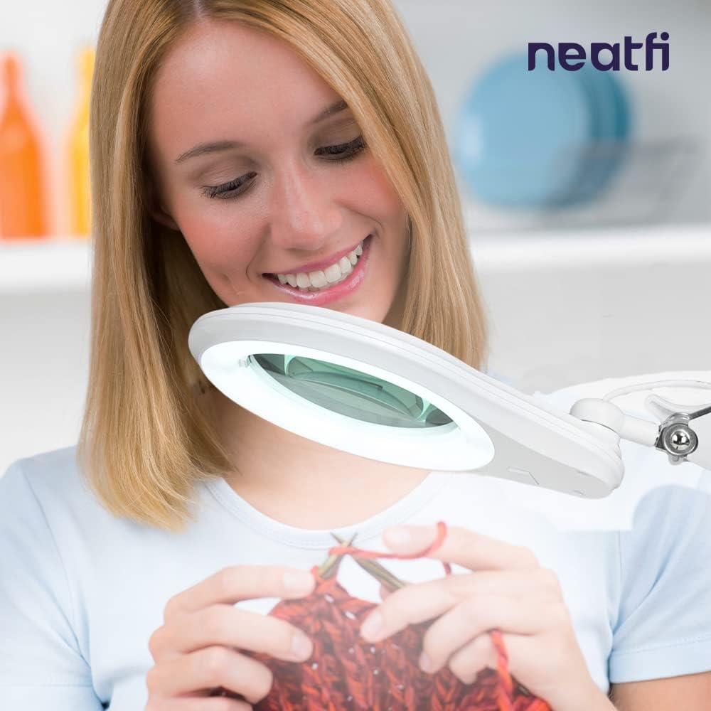 Neatfi (New Model Bifocals 1,200 Lumens Super LED Magnifying Lamp with Clamp, Dimmable, 60 Pcs SMD LED, 5 Inches Diameter Lens, Adjustable Arm (5 Diopter + 20 Diopter, White)