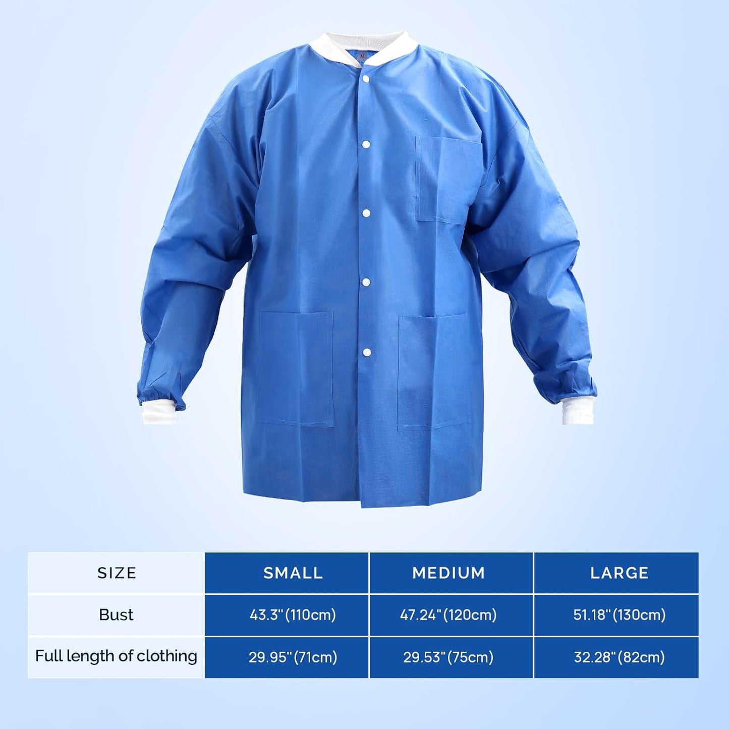 JMU 10-50 Pack Disposable Lab Jackets, SMS Medical Jackets/Coats for Men and Women, Knit Cuffs & Collar, 3 Pockets