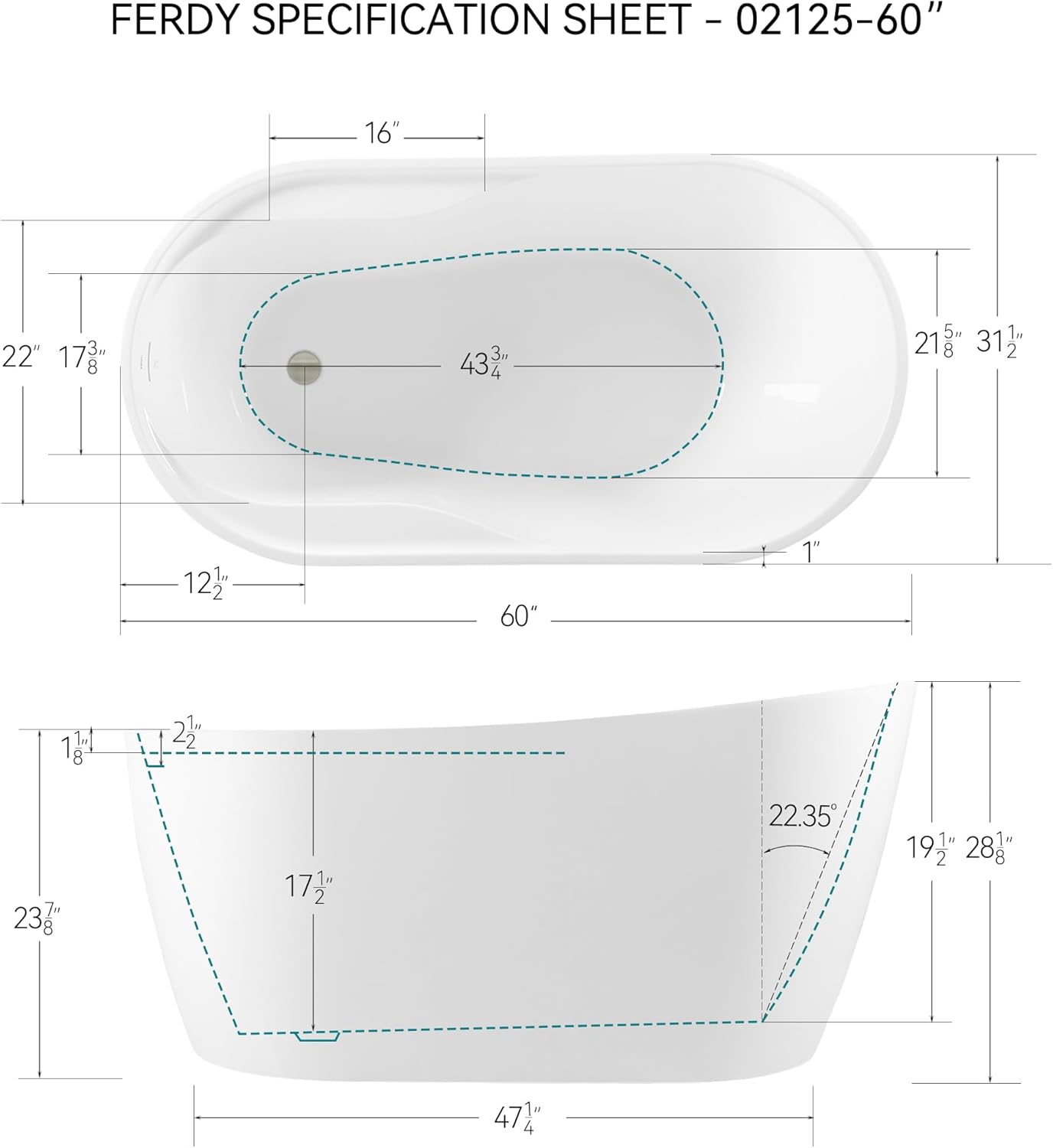 FerdY Lana'i 60" Freestanding Bathtub, Gracefully Shaped Freestanding Soaking tub, Glossy White, cUPC Certified, Brushed Nickel Drain & Overflow Assembly Included-02125