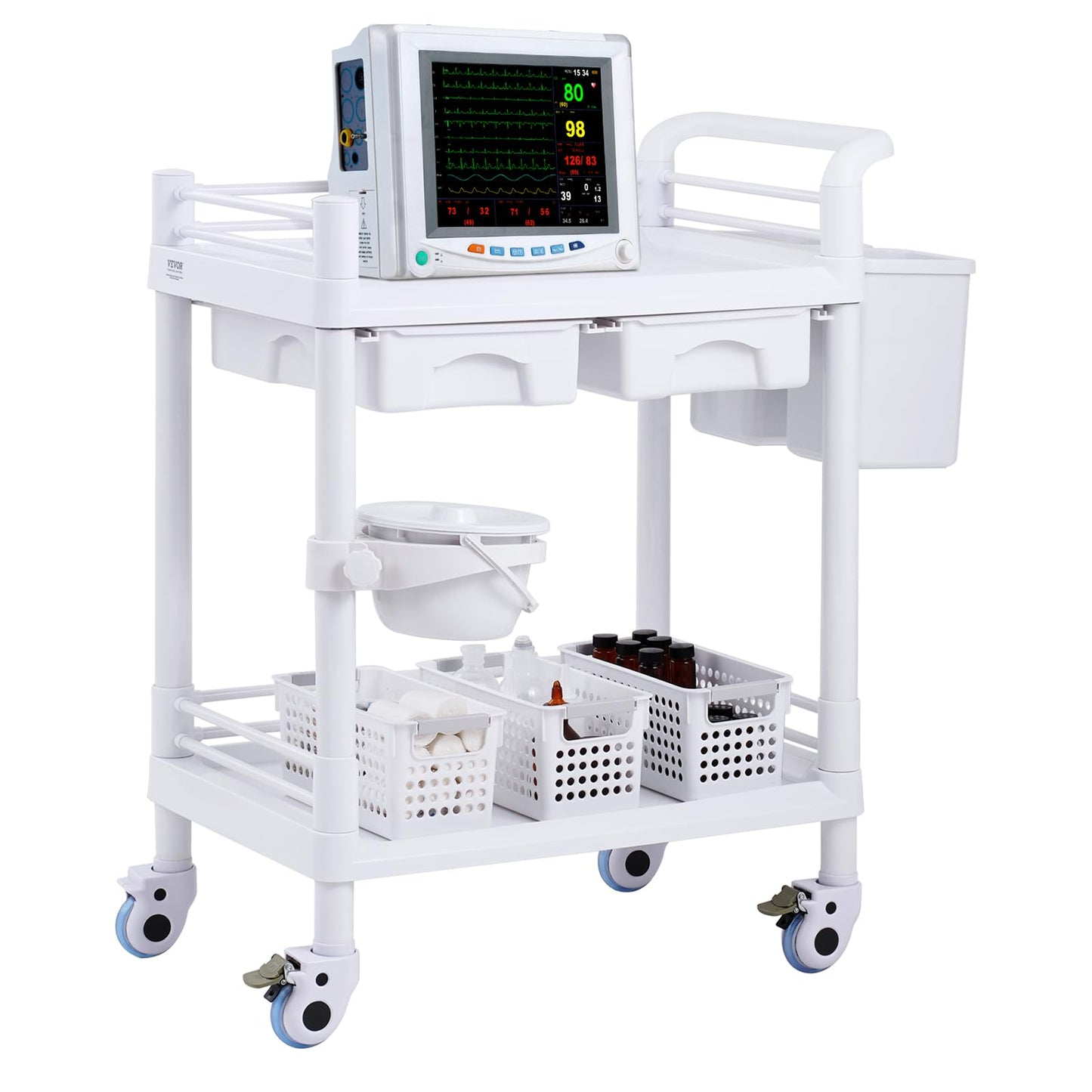 VEVOR Medical Mobile Trolley Cart with 2 Drawers & 3 Trash Cans, 3 Tiers Beauty Salon Rolling Trolley with 4 Silent Wheels & 2 Dirts Bucket & Bowl, Medical Utility Cart for Hospital Dental Clinic Lab