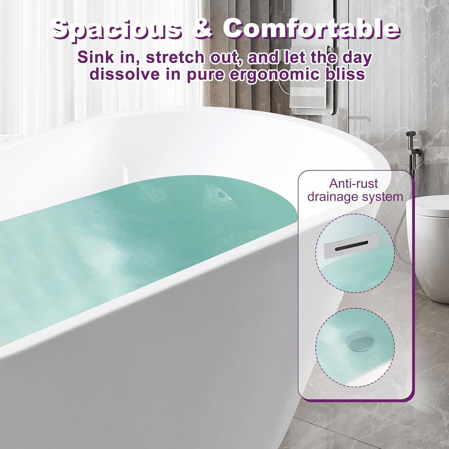 59"Acrylic Free Standing Bathtub, Bath Tub for Bathroom Glossy White, Stand Alone Soaking Tub, Modern Bathtub with Chrome Overflow and Drain