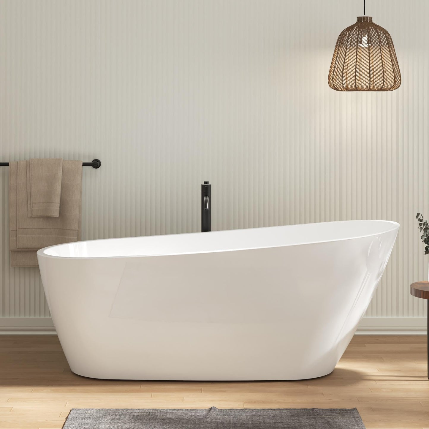 FerdY Lana'i 60" Freestanding Bathtub, Gracefully Shaped Freestanding Soaking tub, Glossy White, cUPC Certified, Brushed Nickel Drain & Overflow Assembly Included-02125