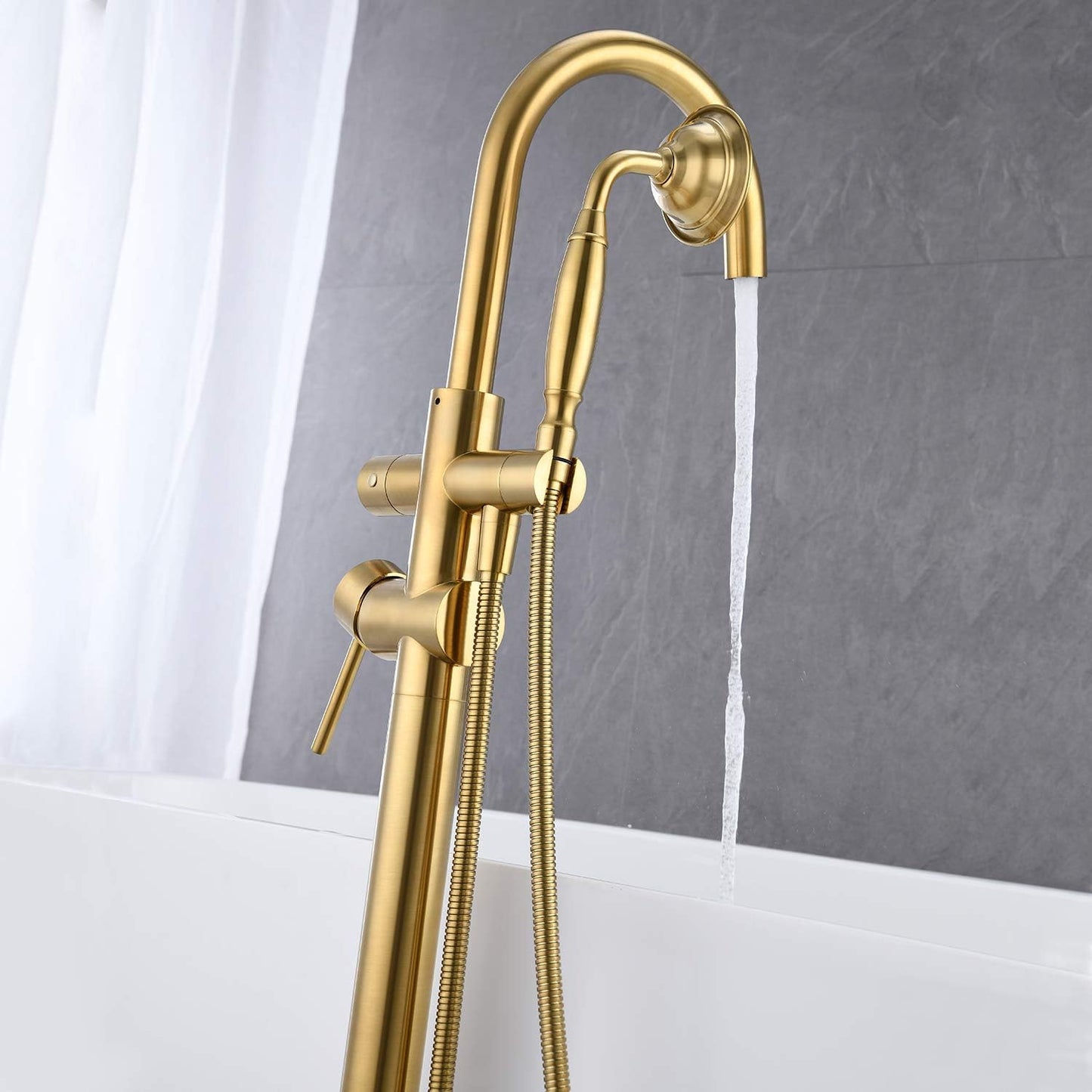 Tub Filler Freestanding Bathtub Faucet Brushed Gold Floor Mounted Brass Bathroom Tub Faucets with Hand Shower