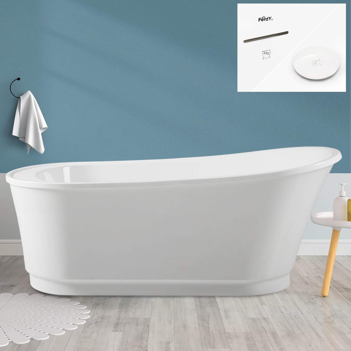 FerdY Lana'i 60" Freestanding Bathtub, Gracefully Shaped Freestanding Soaking tub, Glossy White, cUPC Certified, Brushed Nickel Drain & Overflow Assembly Included-02125