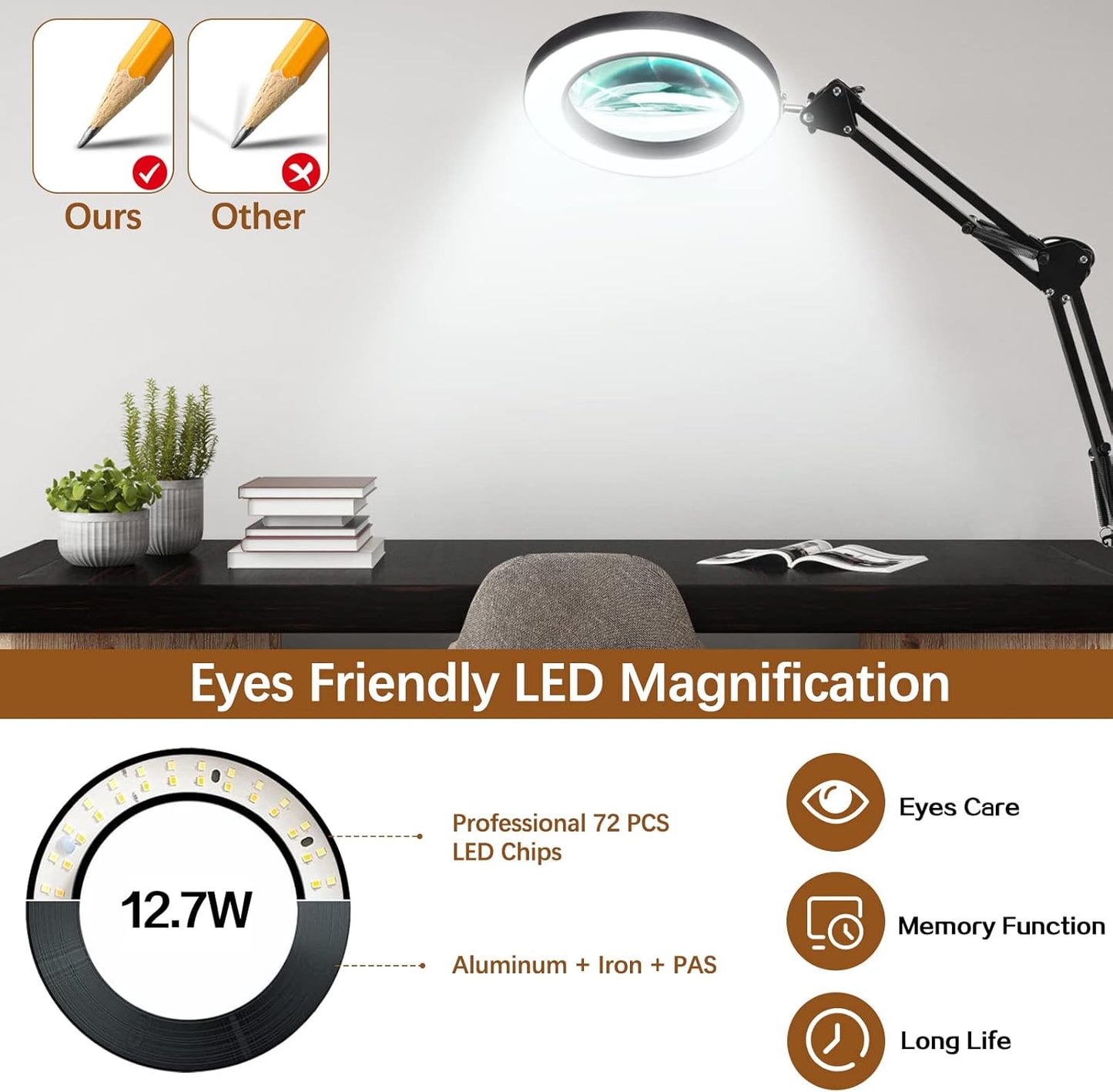 10X Magnifying Glass with Light and Clamp, Magnifier with Light Hands Free3 Color Modes Stepless Dimmable, 72 LEDs Real Glass Lens Magnifying Lamp for Close Work, Repair, Reading, Craft