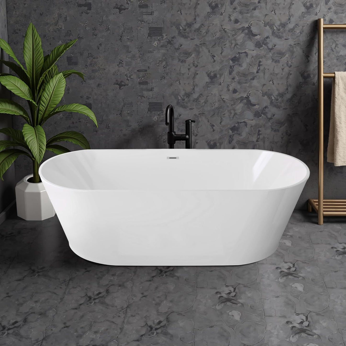 59"Acrylic Free Standing Bathtub, Bath Tub for Bathroom Glossy White, Stand Alone Soaking Tub, Modern Bathtub with Chrome Overflow and Drain