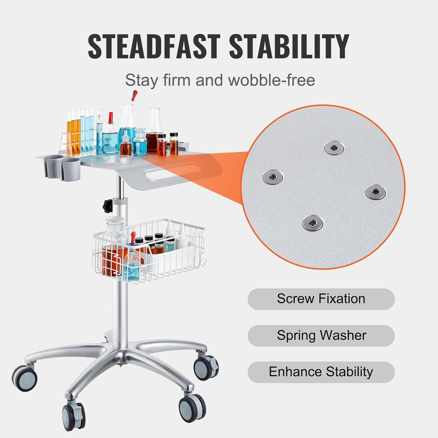 VEVOR Medical Mobile Trolley With Wheels 29.5"-41.3" Height Adjustable Stainless Steel Dental Cart Rolling Desktop Lab With 16.5" 15.7" Large Tabletop
