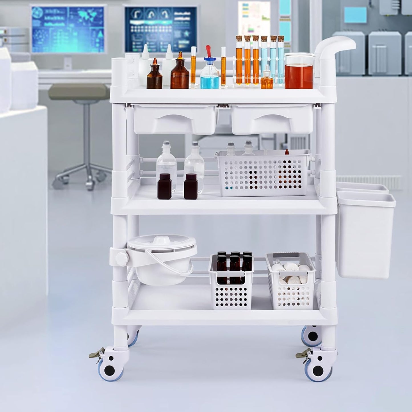 VEVOR Medical Mobile Trolley Cart with 2 Drawers & 3 Trash Cans, 3 Tiers Beauty Salon Rolling Trolley with 4 Silent Wheels & 2 Dirts Bucket & Bowl, Medical Utility Cart for Hospital Dental Clinic Lab