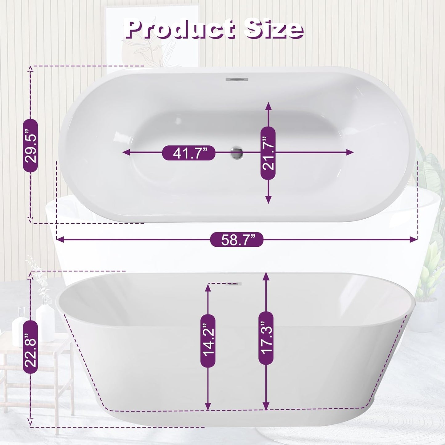 59"Acrylic Free Standing Bathtub, Bath Tub for Bathroom Glossy White, Stand Alone Soaking Tub, Modern Bathtub with Chrome Overflow and Drain