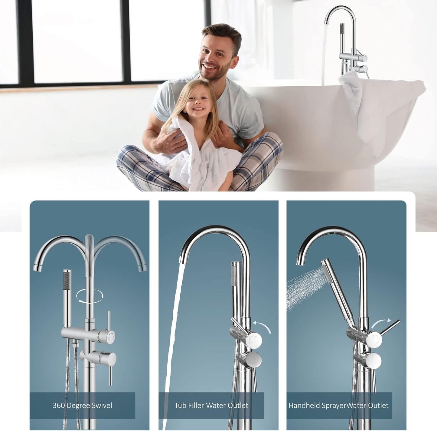 Aolemi Floor Mount Bathtub Faucet Freestanding Tub Filler Standing High Flow Shower Faucets Shower Mixer Taps, Swivel Gooseneck Spout with Cylinder Handheld Polish Chrome