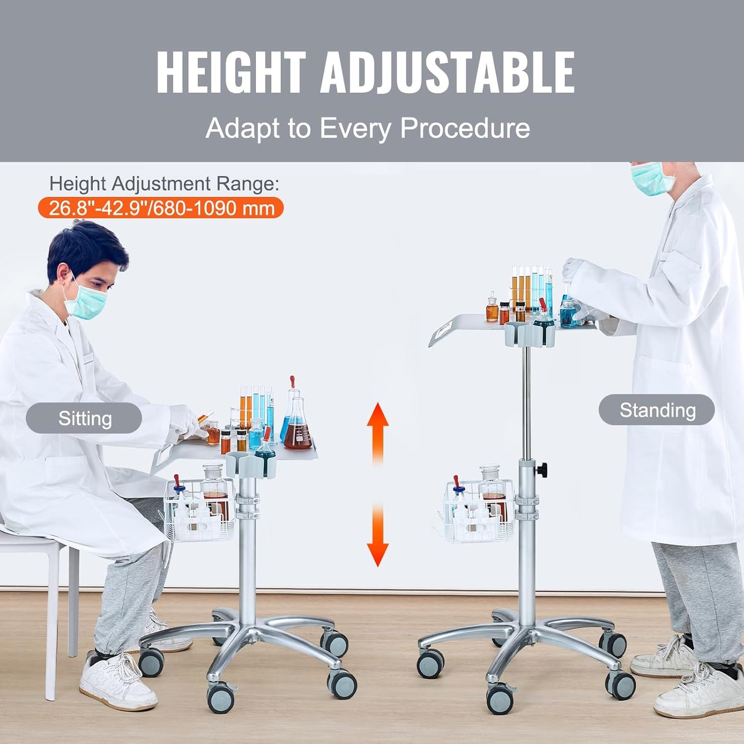 VEVOR Medical Mobile Trolley With Wheels 29.5"-41.3" Height Adjustable Stainless Steel Dental Cart Rolling Desktop Lab With 16.5" 15.7" Large Tabletop
