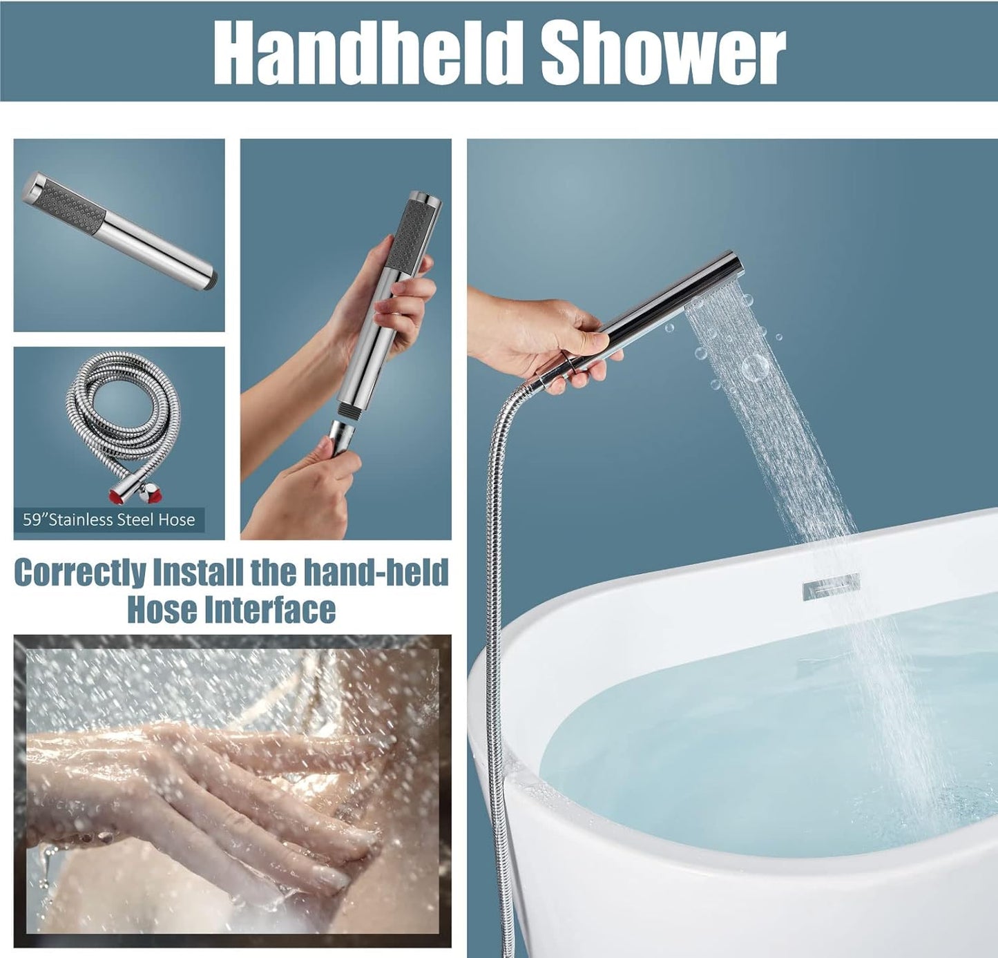 Aolemi Floor Mount Bathtub Faucet Freestanding Tub Filler Standing High Flow Shower Faucets Shower Mixer Taps, Swivel Gooseneck Spout with Cylinder Handheld Polish Chrome