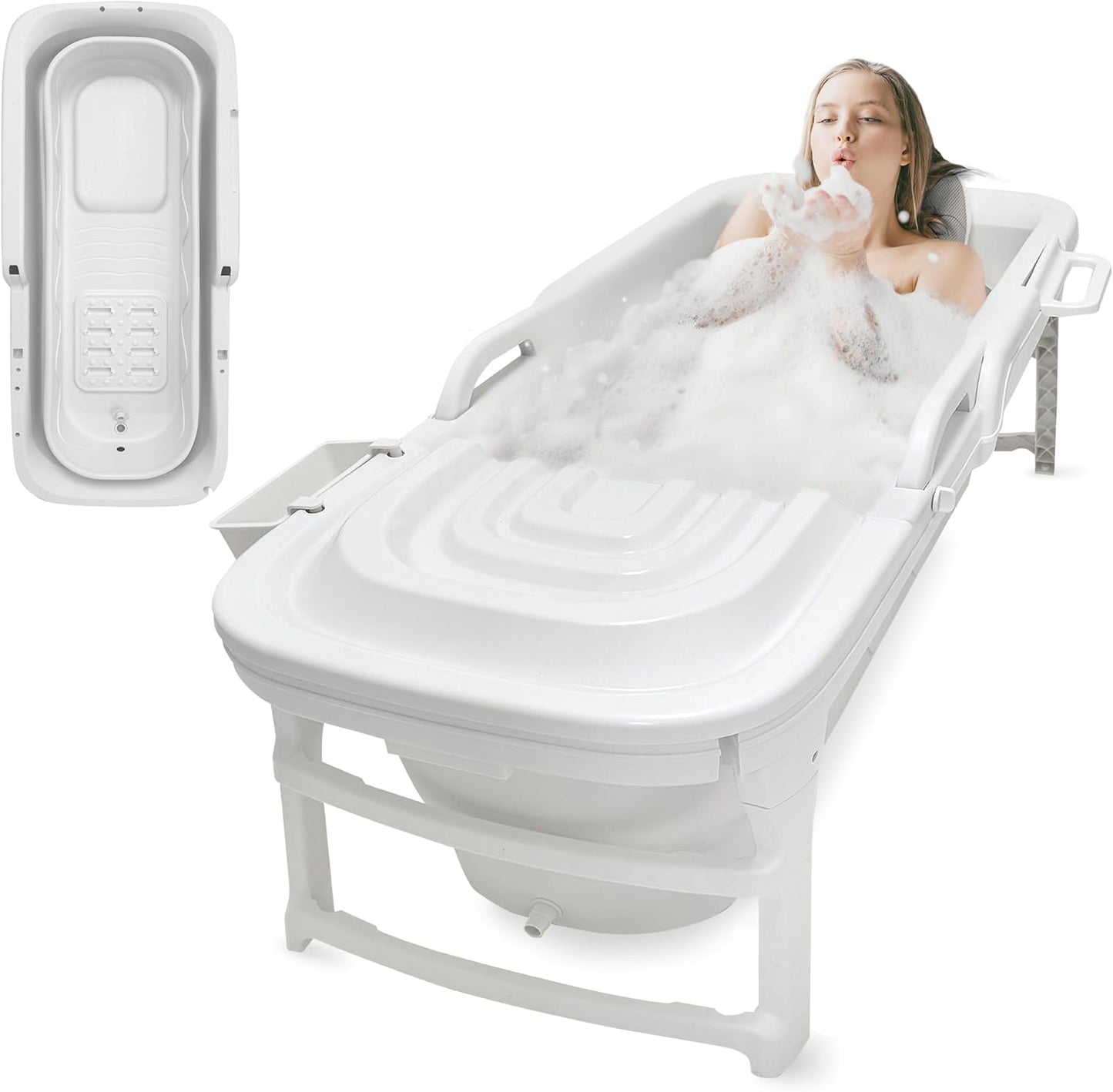 SereneLife Freestanding Portable Bathtub Spa Set – Large 59" Foldable Bath, Cushion, Stretchable Drain Pipe, Massager Rollers, Cleaning Spray & Storage Bag