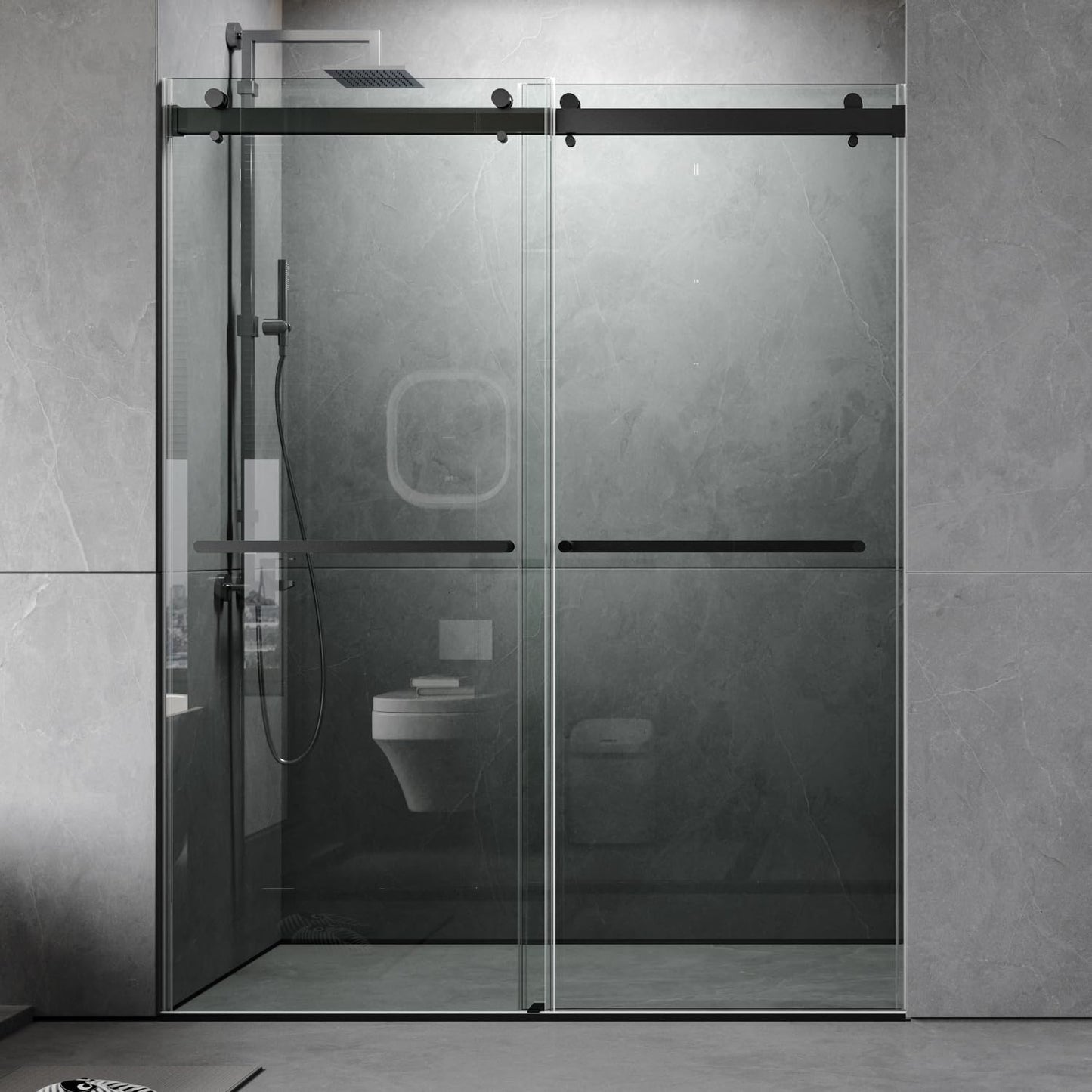 ROOMTEC Frameless Bathtub Shower Doors 56-60 W x 60 H, Double Sliding Tub Shower Door with Tempered Glass 5/16"(8mm), Duty Stainless Steel Hardwares, Matte Black