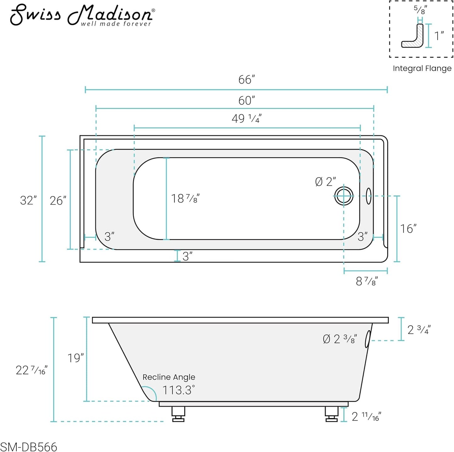 Swiss Madison Voltaire 66" x 32" Right-Hand Drain Alcove Bathtub