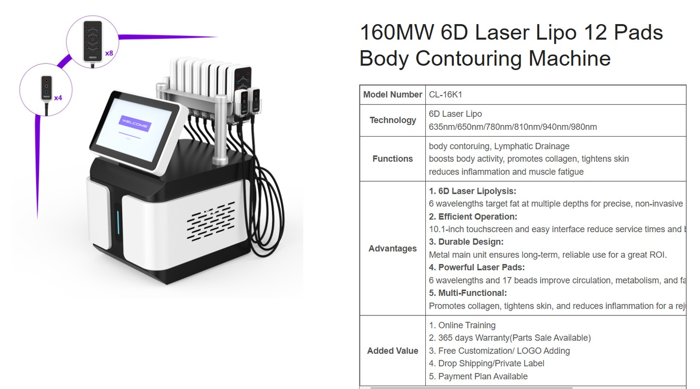 6D Lipo Laser Machine with 6 Wavelengths & 12x160mW Pads for Advanced Body Sculpting & Fat Reduction