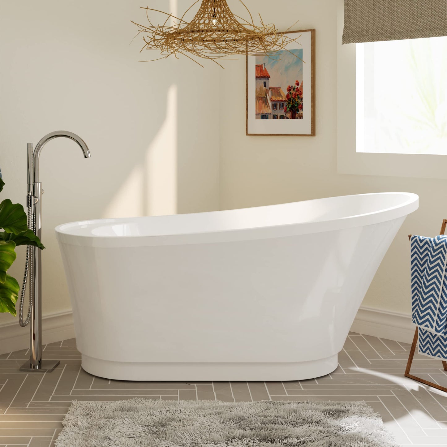 FerdY Lana'i 60" Freestanding Bathtub, Gracefully Shaped Freestanding Soaking tub, Glossy White, cUPC Certified, Brushed Nickel Drain & Overflow Assembly Included-02125