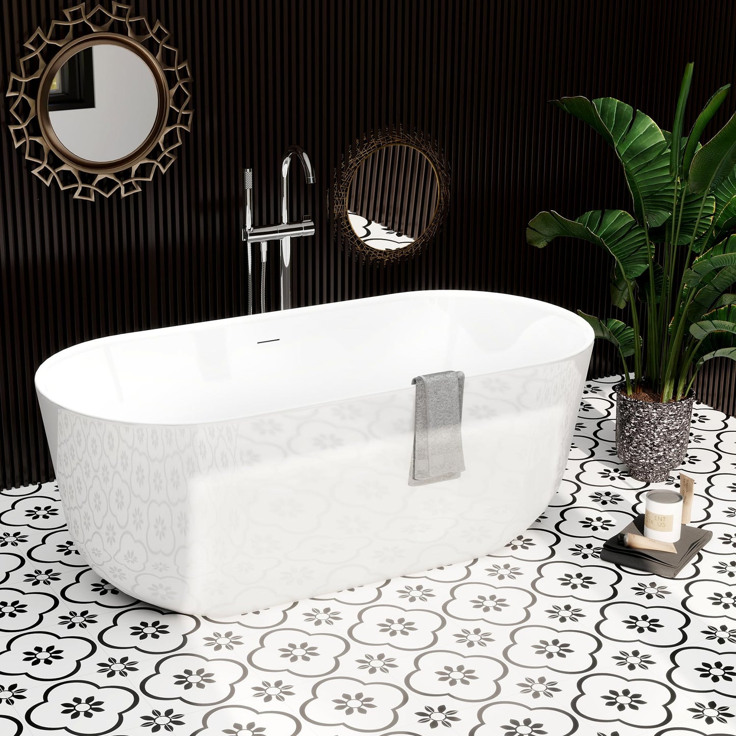 59"Acrylic Free Standing Bathtub, Bath Tub for Bathroom Glossy White, Stand Alone Soaking Tub, Modern Bathtub with Chrome Overflow and Drain