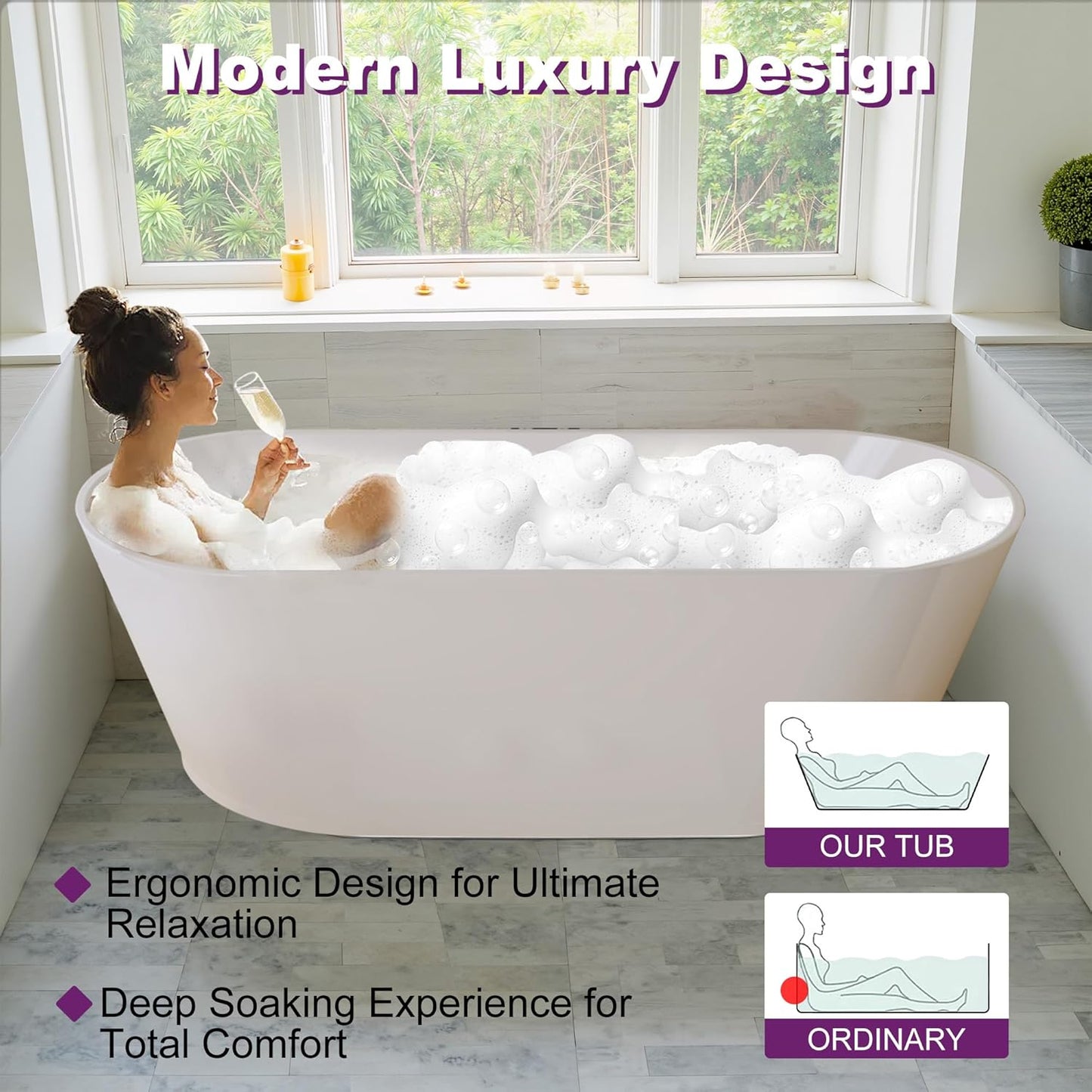 59"Acrylic Free Standing Bathtub, Bath Tub for Bathroom Glossy White, Stand Alone Soaking Tub, Modern Bathtub with Chrome Overflow and Drain