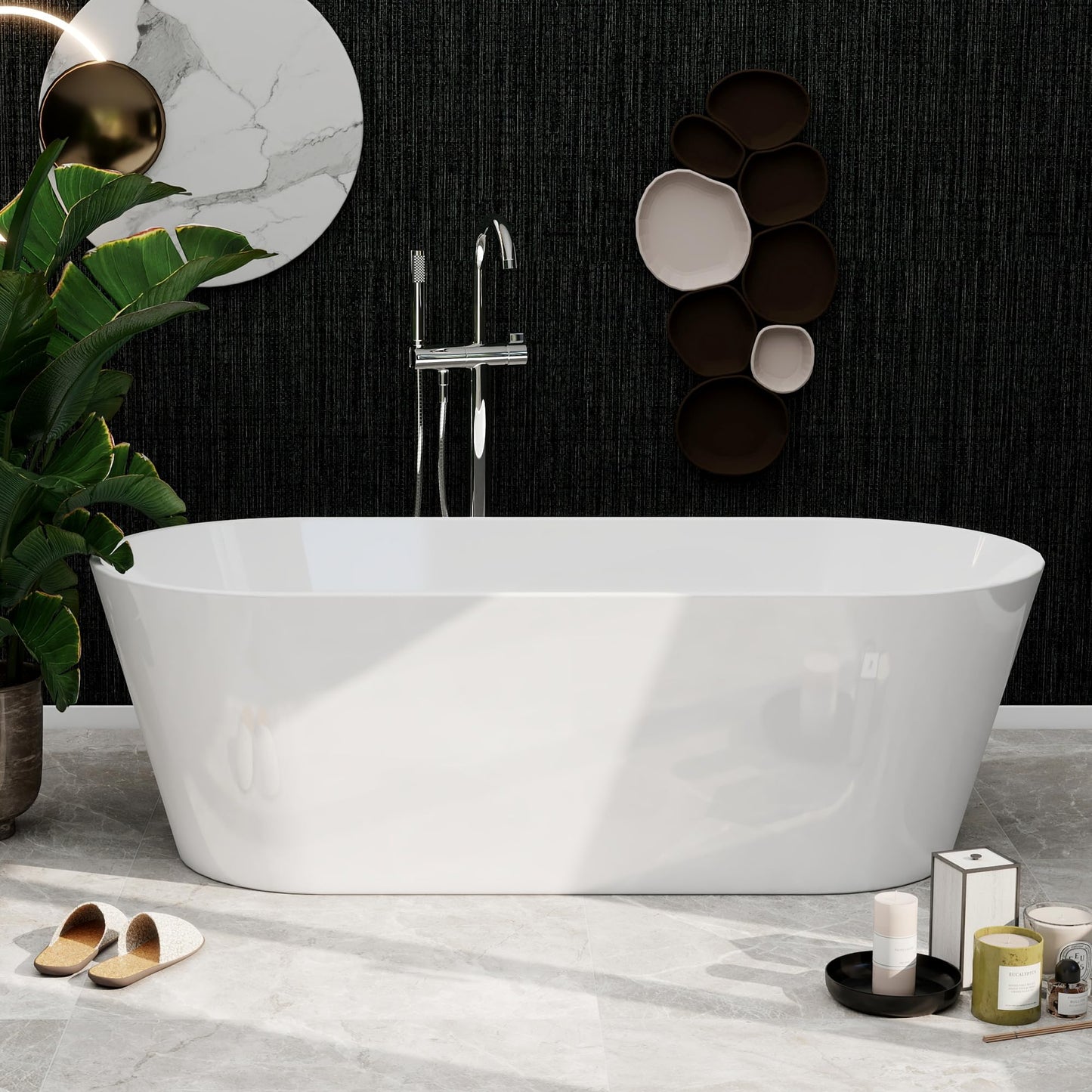 59"Acrylic Free Standing Bathtub, Bath Tub for Bathroom Glossy White, Stand Alone Soaking Tub, Modern Bathtub with Chrome Overflow and Drain