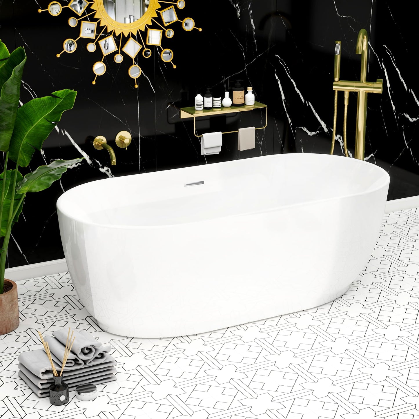 59"Acrylic Free Standing Bathtub, Bath Tub for Bathroom Glossy White, Stand Alone Soaking Tub, Modern Bathtub with Chrome Overflow and Drain
