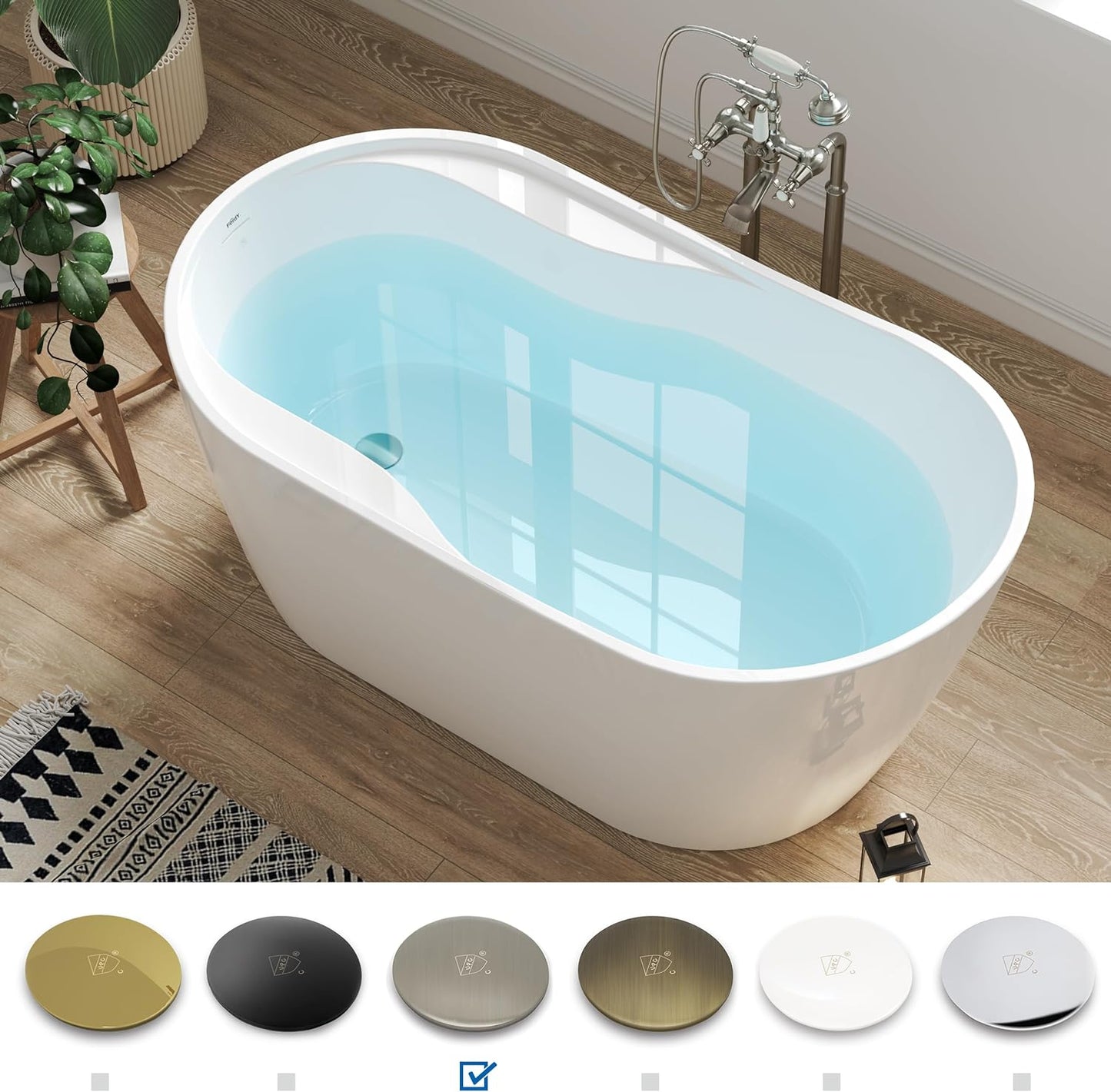 FerdY Lana'i 60" Freestanding Bathtub, Gracefully Shaped Freestanding Soaking tub, Glossy White, cUPC Certified, Brushed Nickel Drain & Overflow Assembly Included-02125