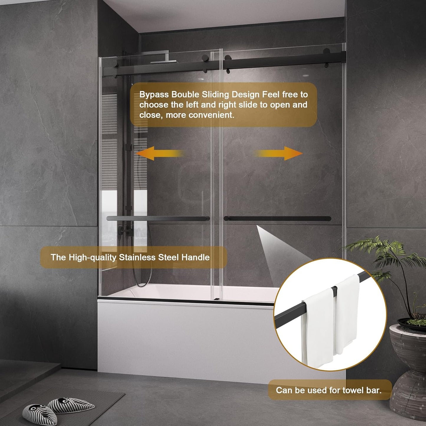 ROOMTEC Frameless Bathtub Shower Doors 56-60 W x 60 H, Double Sliding Tub Shower Door with Tempered Glass 5/16"(8mm), Duty Stainless Steel Hardwares, Matte Black