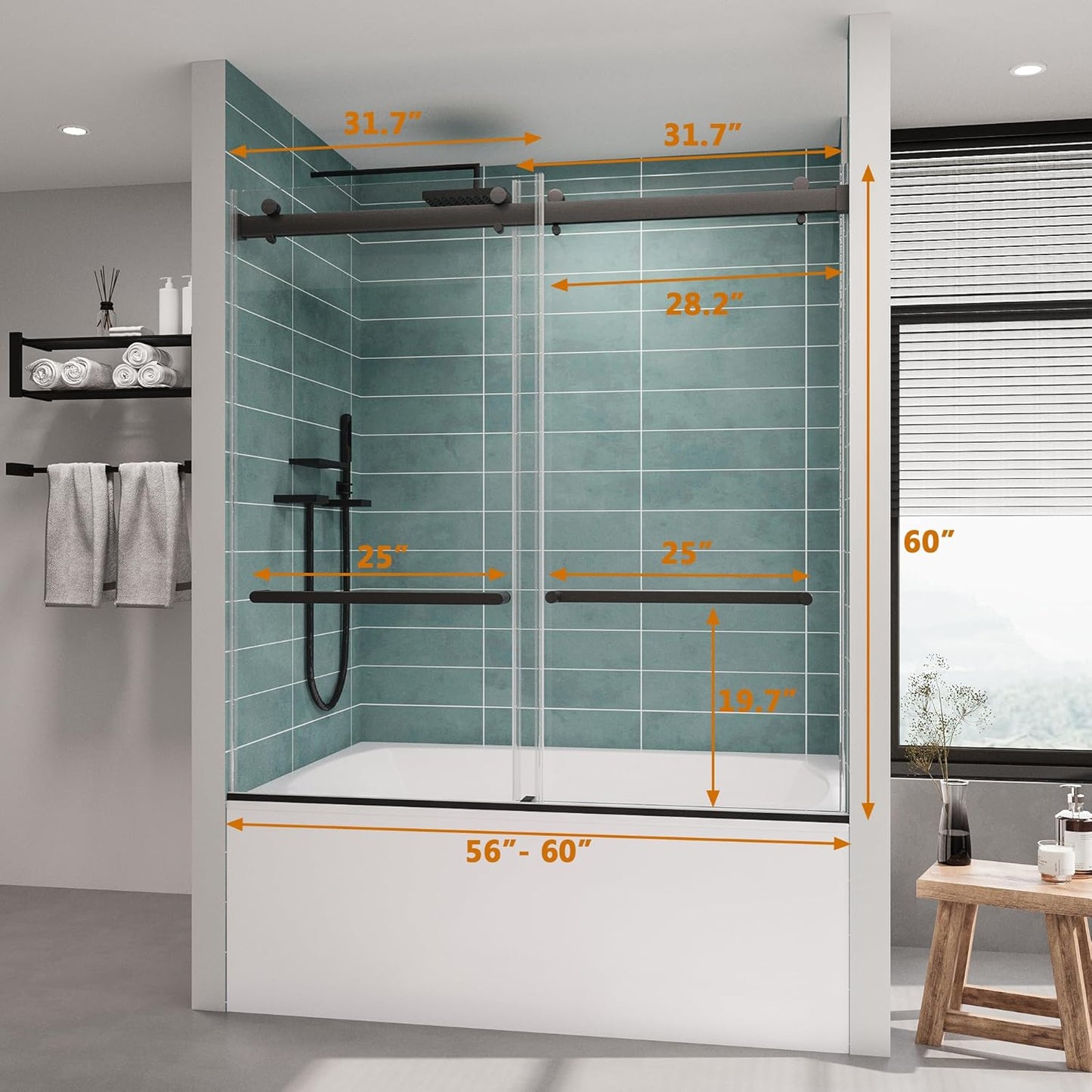 ROOMTEC Frameless Bathtub Shower Doors 56-60 W x 60 H, Double Sliding Tub Shower Door with Tempered Glass 5/16"(8mm), Duty Stainless Steel Hardwares, Matte Black