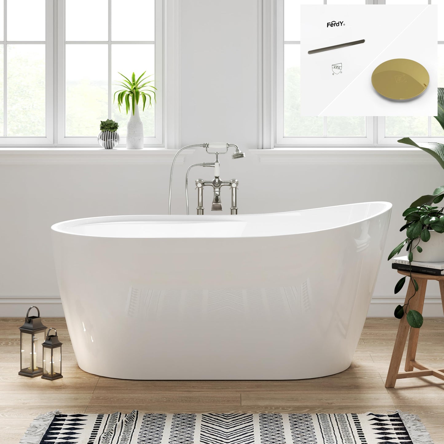 FerdY Lana'i 60" Freestanding Bathtub, Gracefully Shaped Freestanding Soaking tub, Glossy White, cUPC Certified, Brushed Nickel Drain & Overflow Assembly Included-02125