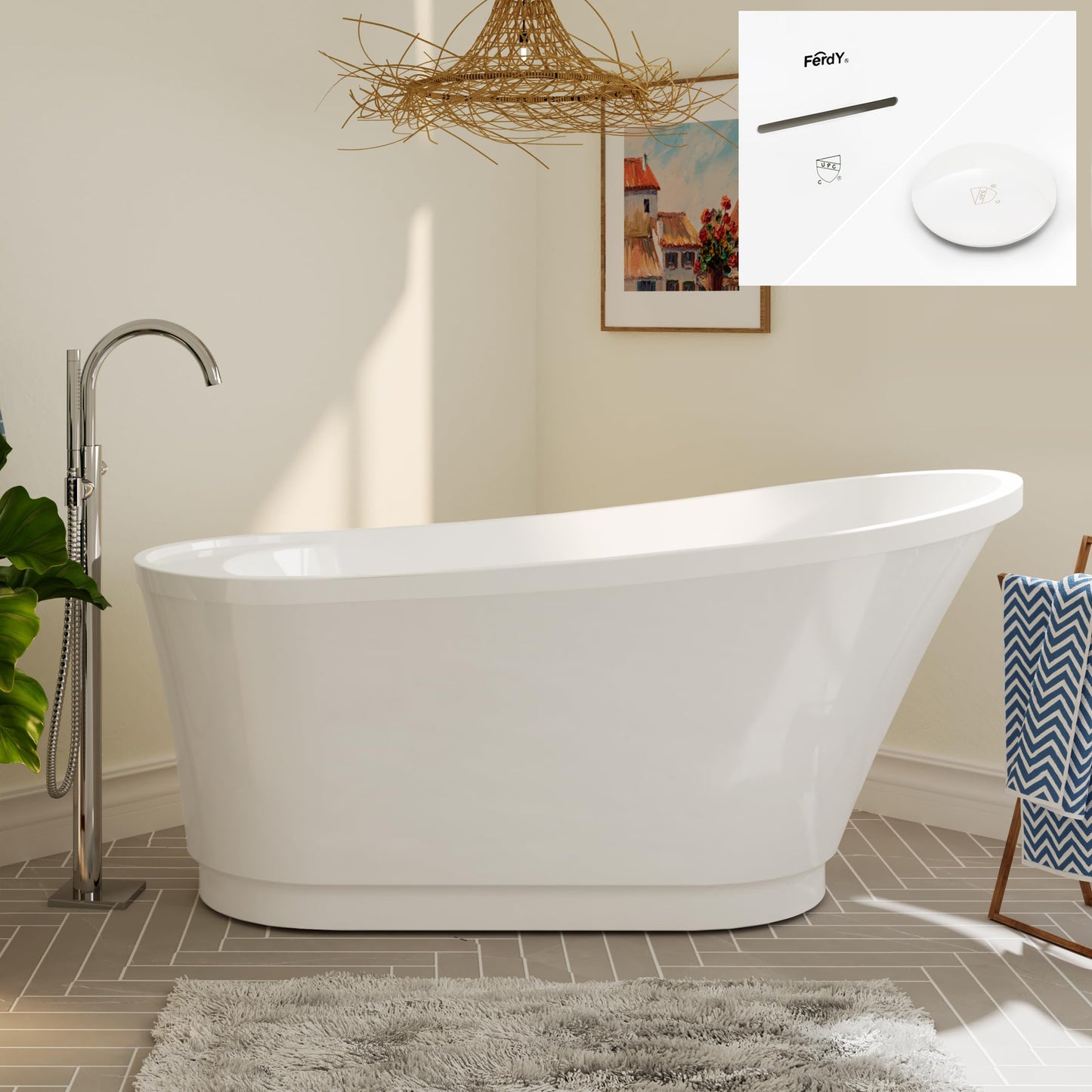 FerdY Lana'i 60" Freestanding Bathtub, Gracefully Shaped Freestanding Soaking tub, Glossy White, cUPC Certified, Brushed Nickel Drain & Overflow Assembly Included-02125
