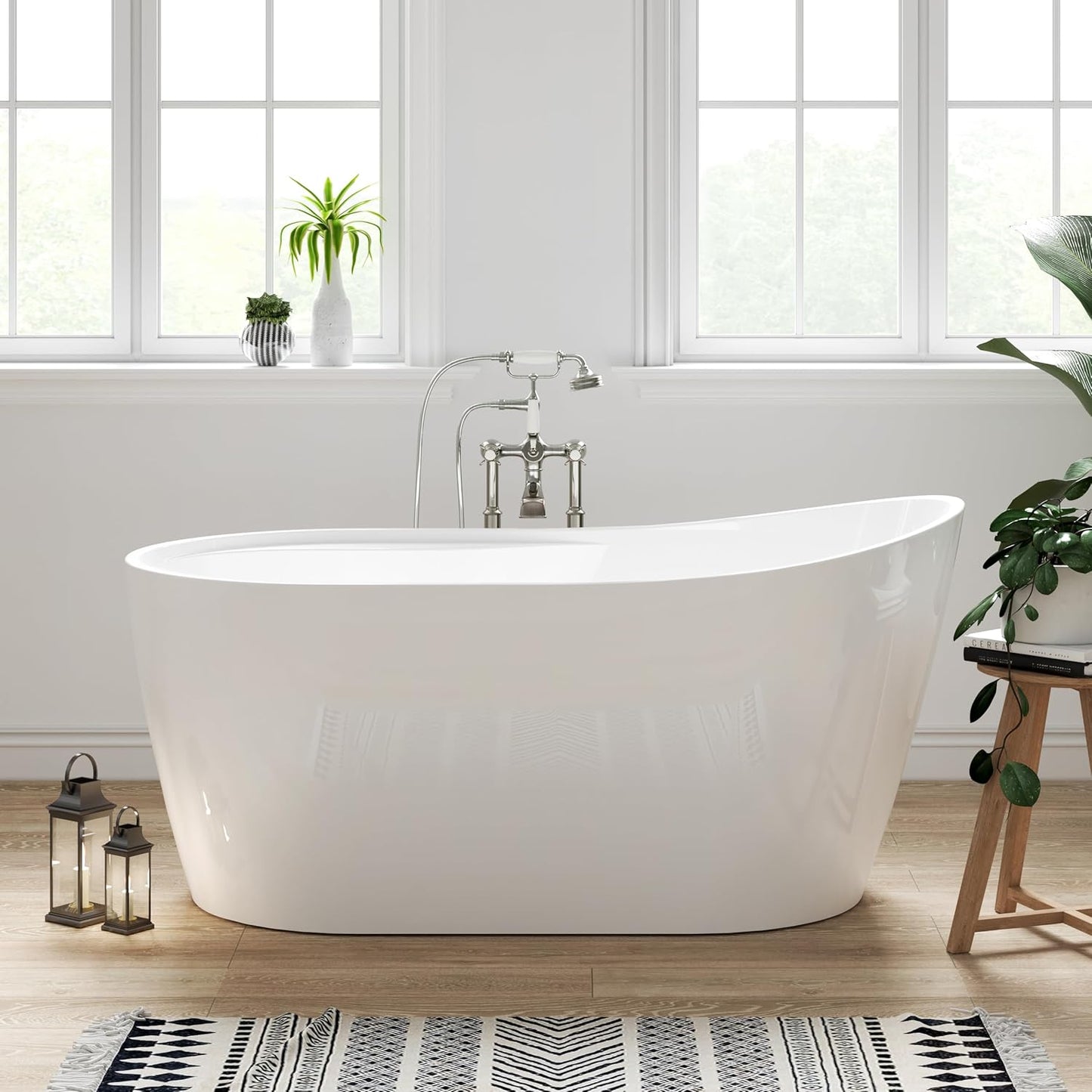 FerdY Lana'i 60" Freestanding Bathtub, Gracefully Shaped Freestanding Soaking tub, Glossy White, cUPC Certified, Brushed Nickel Drain & Overflow Assembly Included-02125