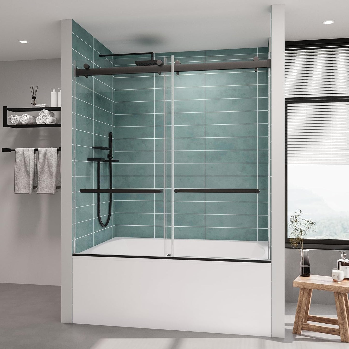 ROOMTEC Frameless Bathtub Shower Doors 56-60 W x 60 H, Double Sliding Tub Shower Door with Tempered Glass 5/16"(8mm), Duty Stainless Steel Hardwares, Matte Black