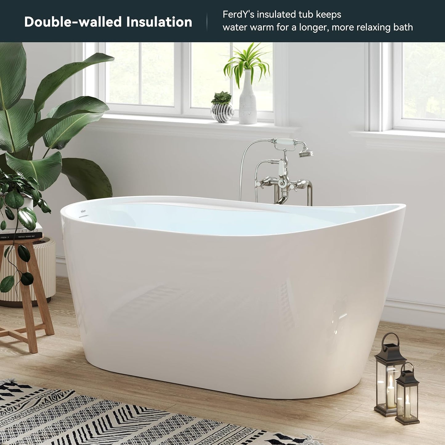 FerdY Lana'i 60" Freestanding Bathtub, Gracefully Shaped Freestanding Soaking tub, Glossy White, cUPC Certified, Brushed Nickel Drain & Overflow Assembly Included-02125
