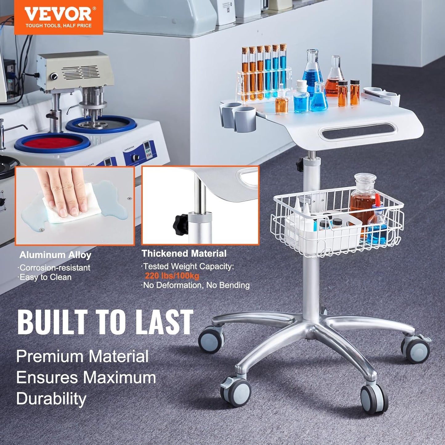 VEVOR Medical Mobile Trolley With Wheels 29.5"-41.3" Height Adjustable Stainless Steel Dental Cart Rolling Desktop Lab With 16.5" 15.7" Large Tabletop