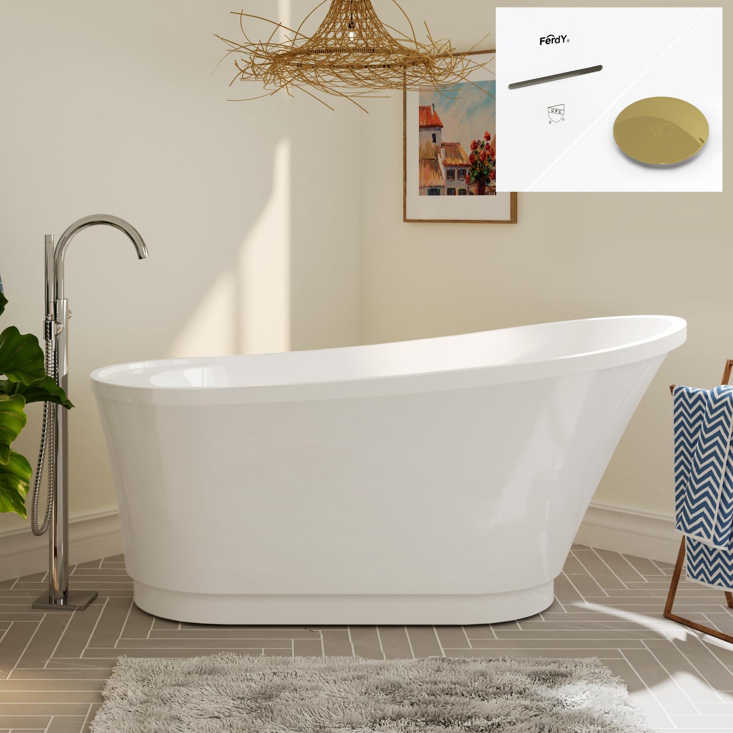 FerdY Lana'i 60" Freestanding Bathtub, Gracefully Shaped Freestanding Soaking tub, Glossy White, cUPC Certified, Brushed Nickel Drain & Overflow Assembly Included-02125