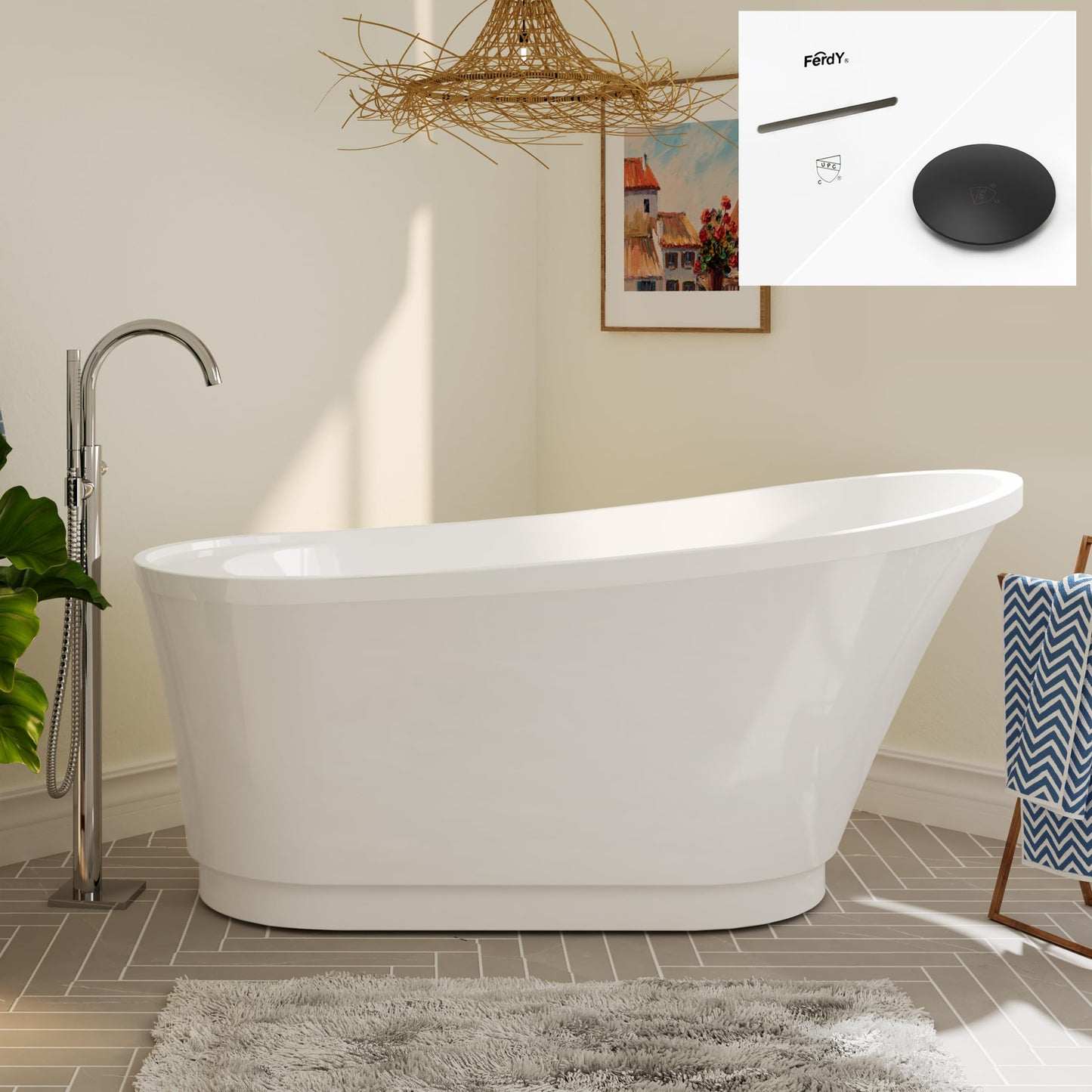FerdY Lana'i 60" Freestanding Bathtub, Gracefully Shaped Freestanding Soaking tub, Glossy White, cUPC Certified, Brushed Nickel Drain & Overflow Assembly Included-02125