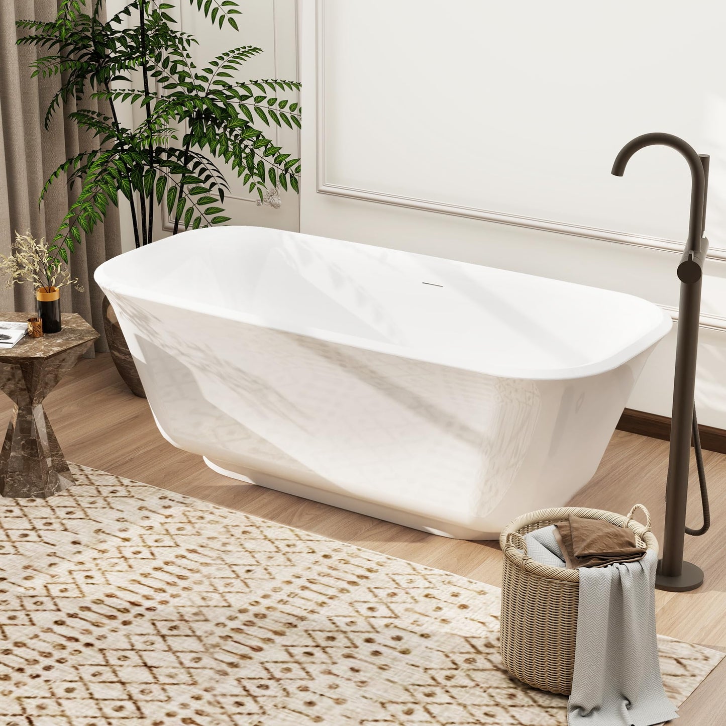 59"Acrylic Free Standing Bathtub, Bath Tub for Bathroom Glossy White, Stand Alone Soaking Tub, Modern Bathtub with Chrome Overflow and Drain