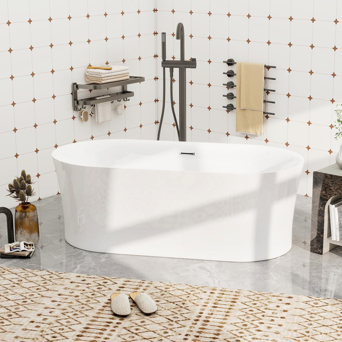 59"Acrylic Free Standing Bathtub, Bath Tub for Bathroom Glossy White, Stand Alone Soaking Tub, Modern Bathtub with Chrome Overflow and Drain