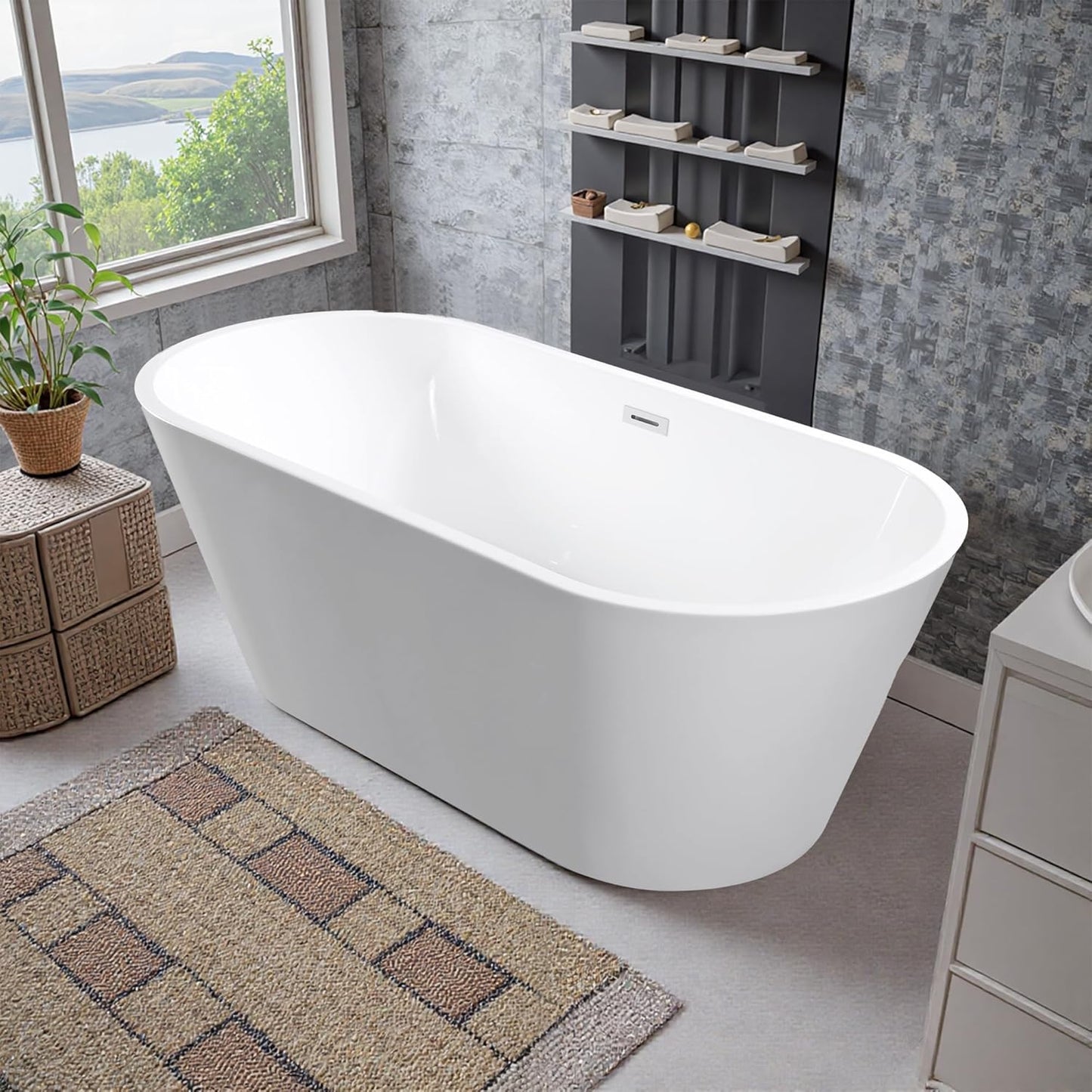 59"Acrylic Free Standing Bathtub, Bath Tub for Bathroom Glossy White, Stand Alone Soaking Tub, Modern Bathtub with Chrome Overflow and Drain