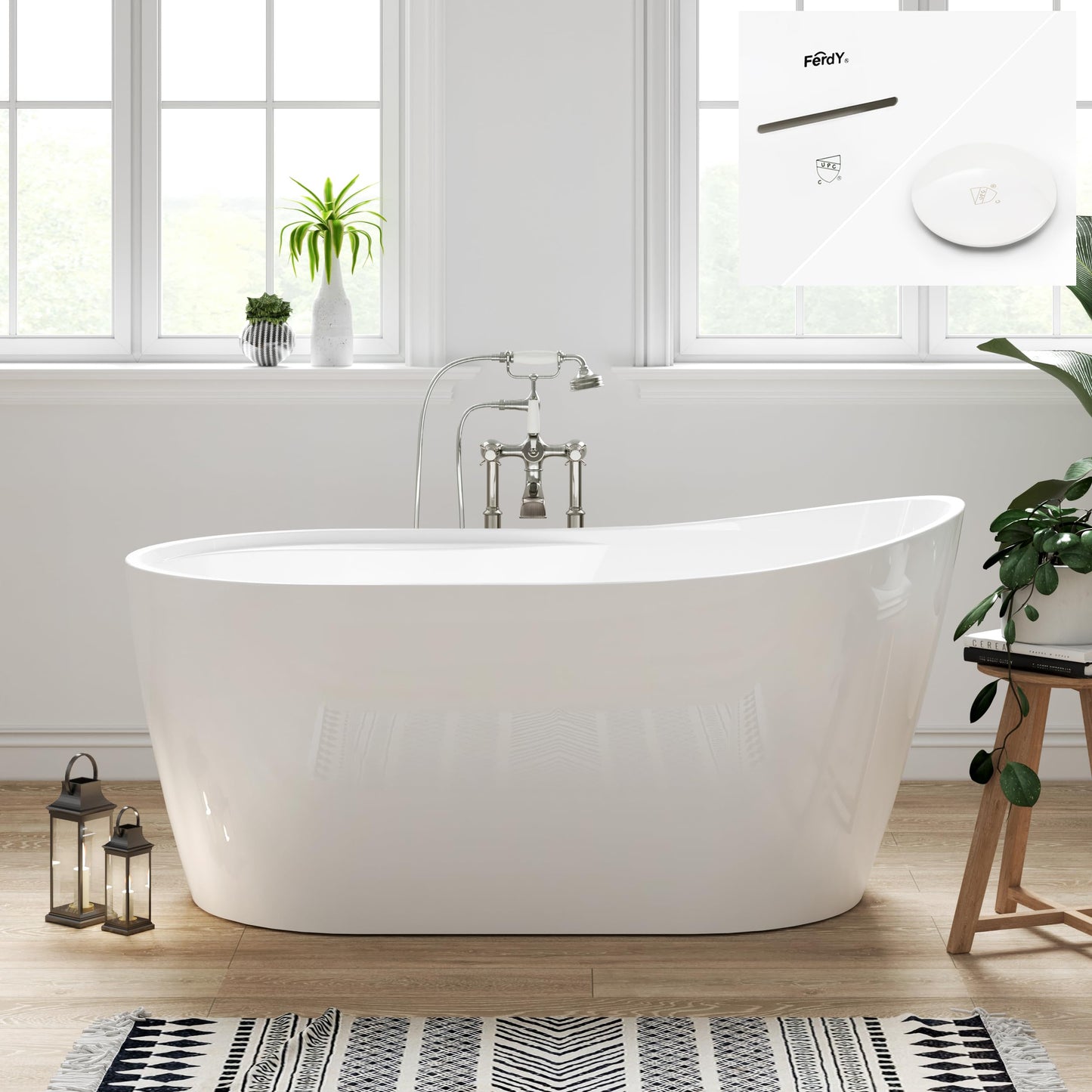 FerdY Lana'i 60" Freestanding Bathtub, Gracefully Shaped Freestanding Soaking tub, Glossy White, cUPC Certified, Brushed Nickel Drain & Overflow Assembly Included-02125