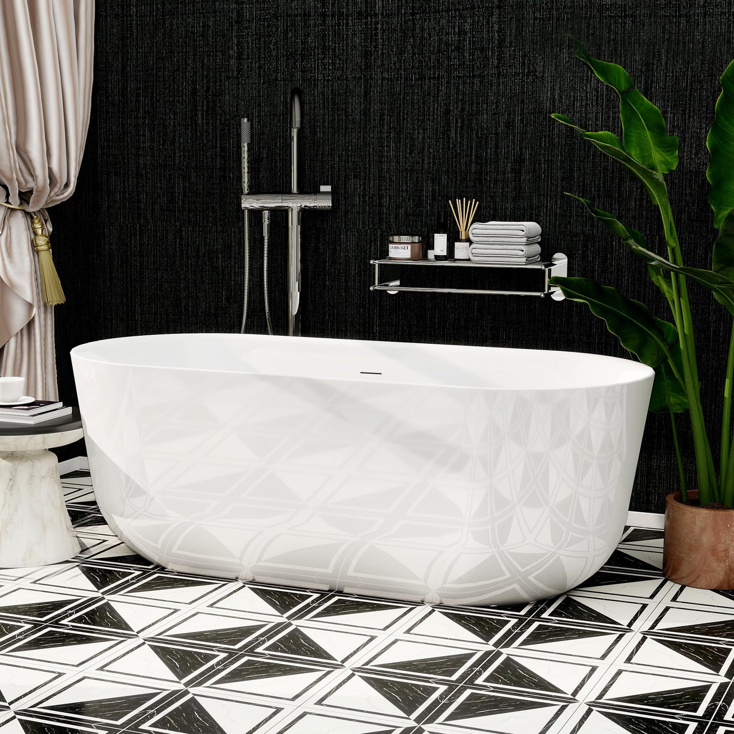 59"Acrylic Free Standing Bathtub, Bath Tub for Bathroom Glossy White, Stand Alone Soaking Tub, Modern Bathtub with Chrome Overflow and Drain