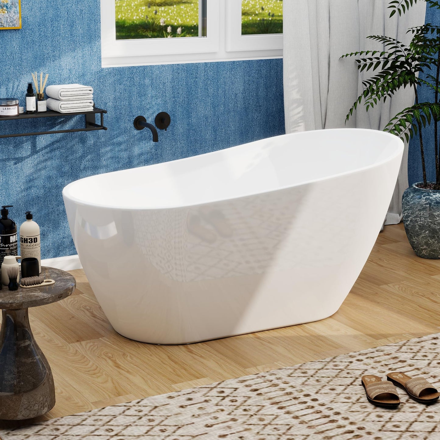 59"Acrylic Free Standing Bathtub, Bath Tub for Bathroom Glossy White, Stand Alone Soaking Tub, Modern Bathtub with Chrome Overflow and Drain