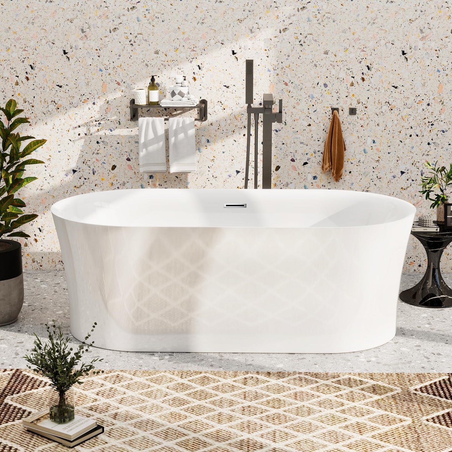 59"Acrylic Free Standing Bathtub, Bath Tub for Bathroom Glossy White, Stand Alone Soaking Tub, Modern Bathtub with Chrome Overflow and Drain