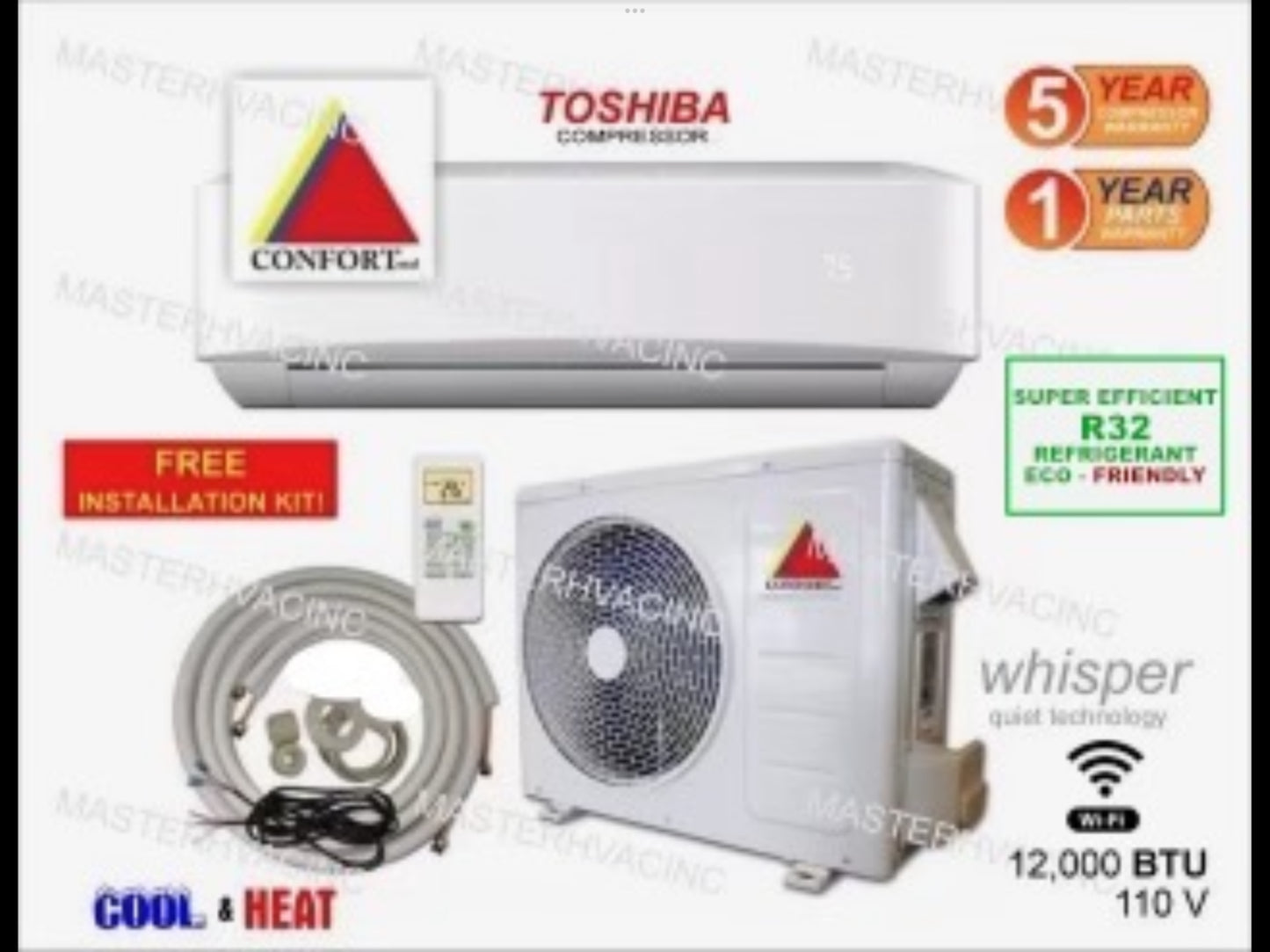 12,000 BTU Ductless Air Conditioner, Heat Pump Mini Split 110V 1 Ton W/Kit, Wifi