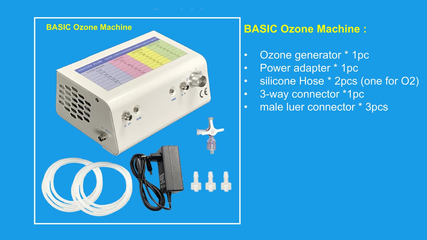 complete ozone therapy treatment system which is the base system plus each of the following kits: Ear insufflation kit Rectal insufflation kit Ozone water/oil kit Syringe kit Limb bag kit Vaginal kit