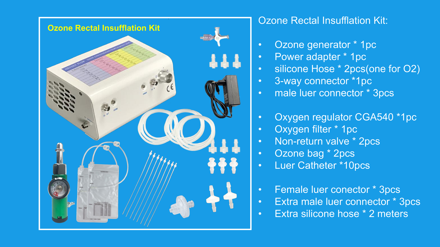 complete ozone therapy treatment system which is the base system plus each of the following kits: Ear insufflation kit Rectal insufflation kit Ozone water/oil kit Syringe kit Limb bag kit Vaginal kit