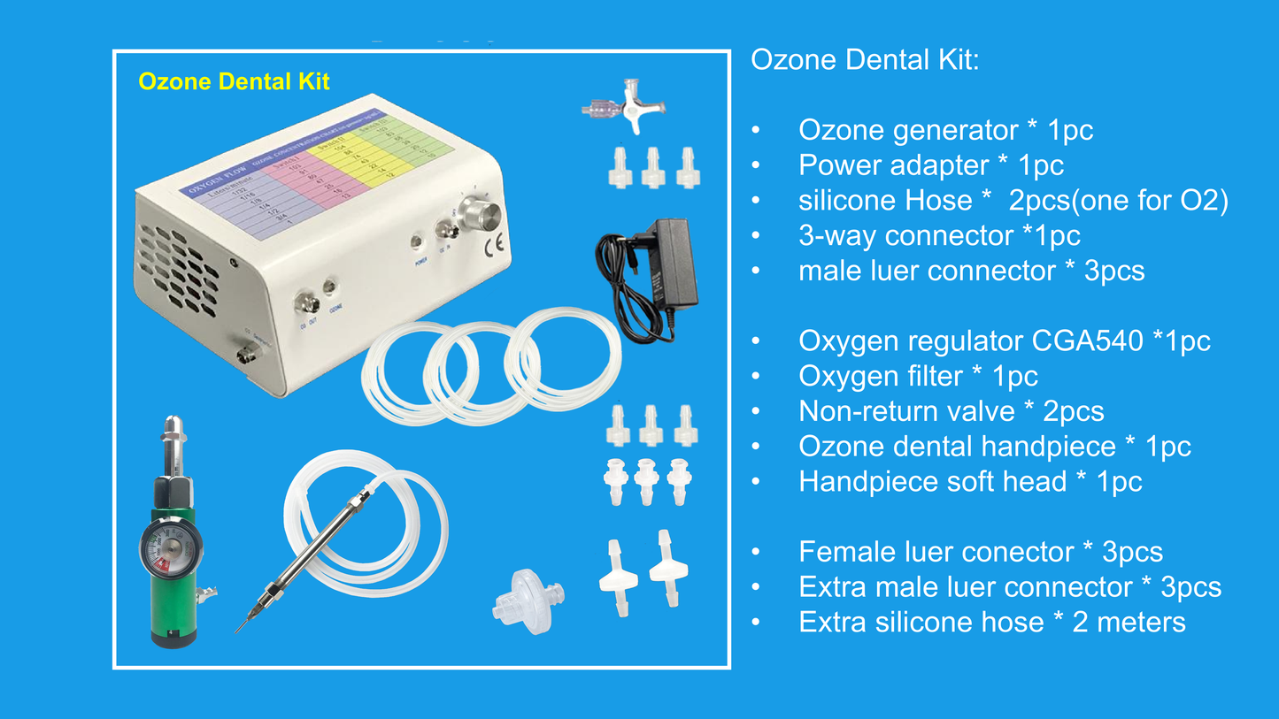 complete ozone therapy treatment system which is the base system plus each of the following kits: Ear insufflation kit Rectal insufflation kit Ozone water/oil kit Syringe kit Limb bag kit Vaginal kit